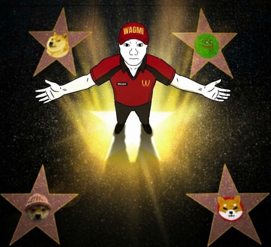 A wojak standing between stars holding doge, pepe, wif and shib